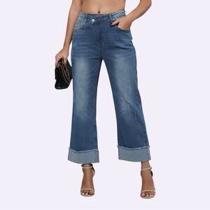 Genleck Wide Leg Cropped High Waisted Crossover Boyfriend Jeans Large NWT
